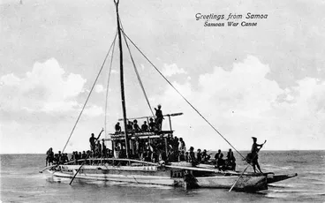 Image: People on board a Samoan war canoe