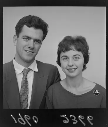 Image: Engagement portrait of Gordon Hewitt and Pamela Hall within an unknown building location, probably Wellington Region