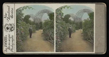 Image: Joseph Divis on path in formal gardens with archways / Joseph Divis with older couple in forest setting