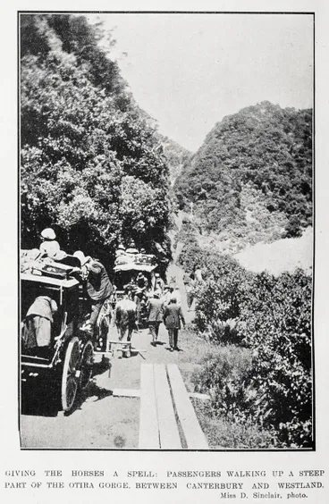 Image: Giving the horses a spell: passengers walking up a steep part of the Otira Gorge, between Canterbury and Westland