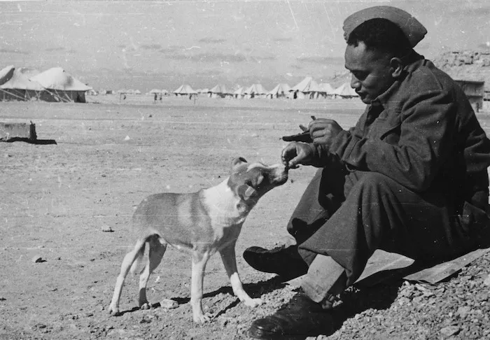Maori Battalion soldier and dog Paddy the mascot, Christmas Day, Maadi camp, Egypt