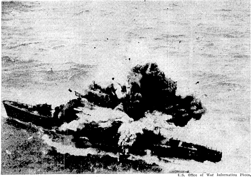 A direct hit $y a 5001b delayed-action bomb in the middle of a Japanese destroyer attacked in the China Sea by bombers of the United States sth Air Force. Delayed-action bombs penetrate before * they explode. , (Evening Post, 26 June 1945)