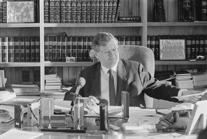 Prime Minister, David Lange, in his parliamentary office - Photograph taken by Merv Griffiths