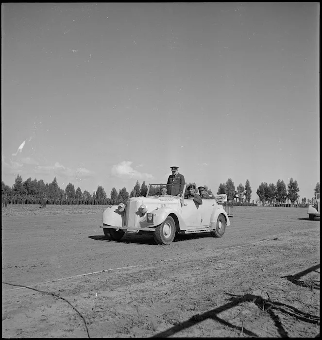 Winston Churchill in car with Generals Montgomery and Freyberg on tour of New Zealand Division in Tripoli, World War II - Photograph taken by H Paton