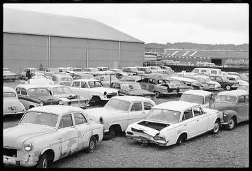 Image: Rows of abandoned cars collected by the Wellington City Council - Photograph taken by John Nicholson