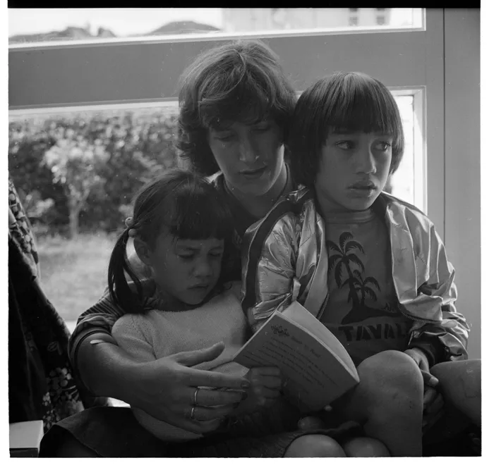 Two children at an unidentified location, possibly a school in the Wellington Region