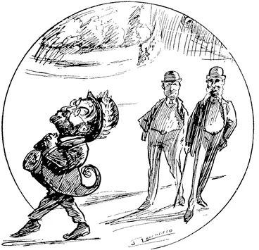 Image: PETONE'S PEACEMAKER—ALONE HE DID IT.  The men having resolved not to confer direct with the companies, the Mayor of Petone offered to act as mediator. The Gear Company and the Union accepted the offer, and after a meeting on Saturday a satisfactory airangement was ai rived at.  First Petone Citizen: Who's that?  Spcond Petone Citizen: What, don't you know? Why that's our Mayor, who settled the stuke at the meat works ' A man like him, is simply throivn away here, tie ought to be on the Hague Peace Convention. (New Zealand Free Lance, 23 February 1907)