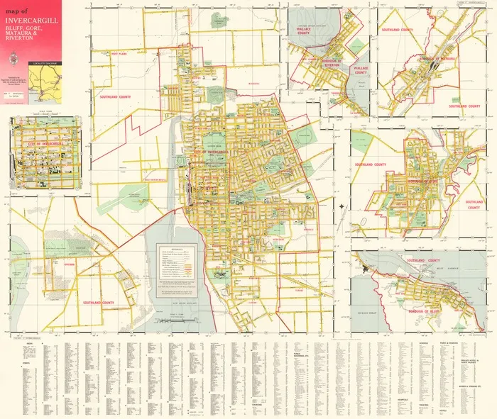 Map of Invercargill, Bluff, Gore, Mataura & Riverton.