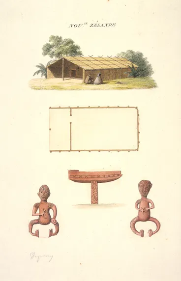 Image: Chazal, Antoine 1793-1854 :Nou[vel]le-Zelande [1. Maison des naturels. 2. Plan de cette maison. 3. Tombeau. 4. Idoles]. Duperrey, no. 41. [Copied 1825 or 1826 from an original by Jules Lejeune done in 1824]