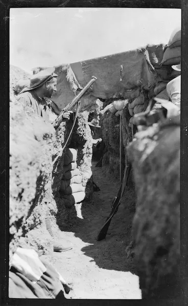 Image: Australian WWI soldiers in the firing trench at Popes Post, Gallipoli, Turkey
