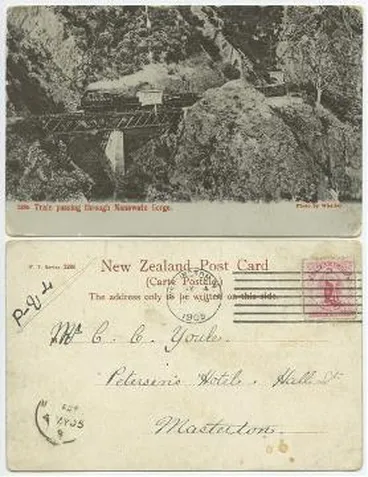 Image: Train passing through Manawatu Gorge : postcard