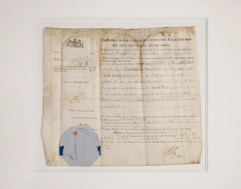 Land Title Deed for James White Private in the Fourth Regiment of the Waikato Militia