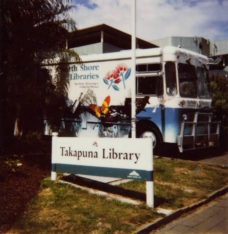 North Shore Libraries' mobile library van parked in the entrance to Takapuna Public Library.