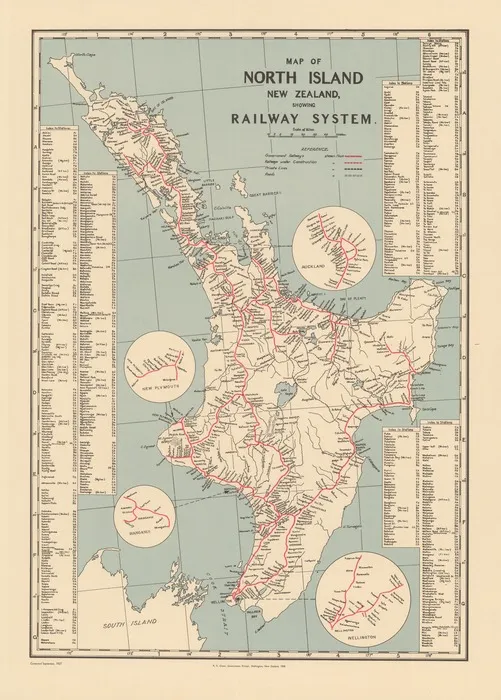 Map of North Island, New Zealand, showing railway system.