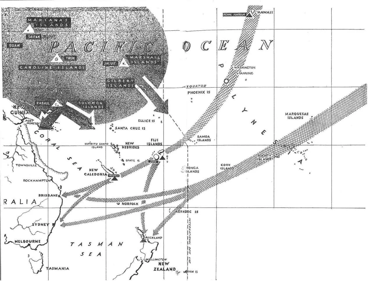 This map indicates the tactical position in the Pacific in August 1942 when the Allied counter offensive was beginning. Principal bases and shipping and air lines are shown by black triangles and the long arrows, Enemy bases are represented by white tr...