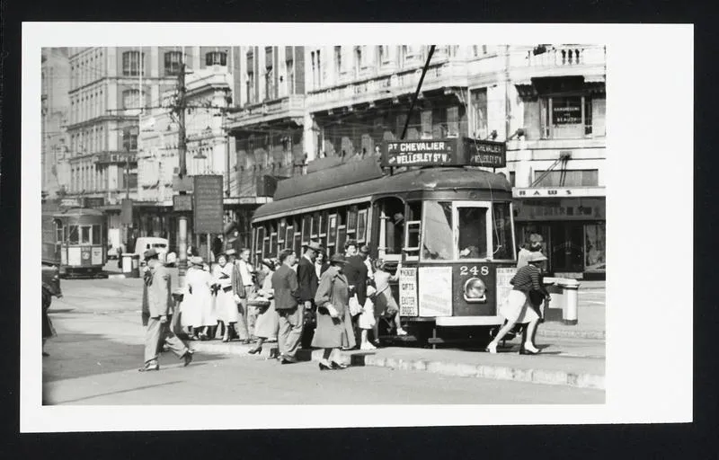 Passengers boarding tram 248 on Point Chevalier, Wellesley Street West route