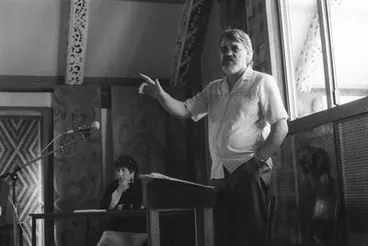 Image: Joe Hawke speaking. Waitangi Tribunal, Ōrākei Marae