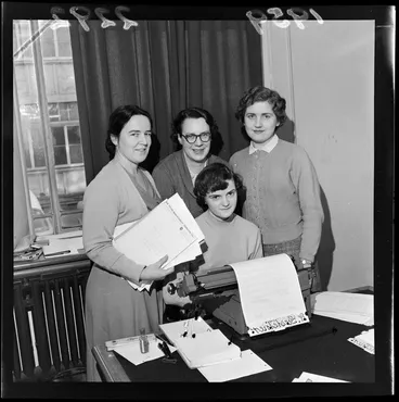 Image: Group of five unidentified female stenographers, in an office, with a typewriter, at the Court of Arbitration, Wellington
