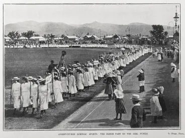 CHRISTCHURCH SCHOOLS' SPORTS; THE MARCH PAST BY THE GIRL PUPILS Image: CHRISTCHURCH SCHOOLS' SPORTS; THE MARCH PAST BY THE GIRL PUPILS