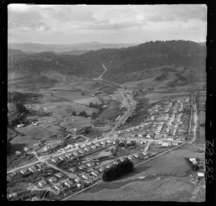 Benneydale, Waitomo District, showing Ellis Road (State Highway 30) through town with School Road, Mine Road, Gannon and Georgetti Streets, housing within open valley, farmland and bush covered hills beyond