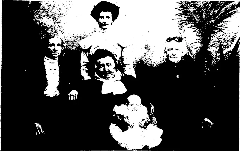 FIVE GENERATIONS.  Great-great-grandmother, Mrs John Christie (tialclutha North); great-grandmother, Mr 9 John Christie (Totara, Oamaru); grandmother, Mrs George Woods (Stirling); lady standing, Mrs Chas. Morgan (Stirling); baby, Hazel Myrtle Isobel Morgan (Stirling^ (Otago Witness, 13 February 1907)