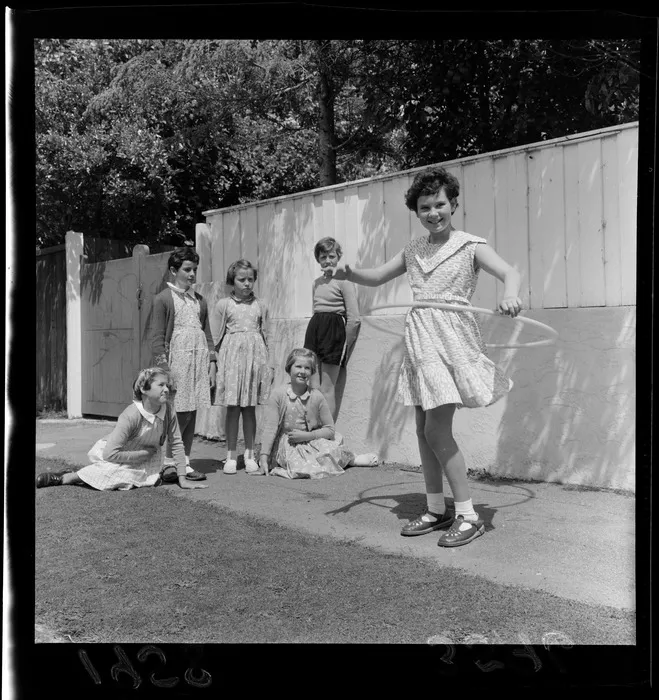 Sally Boulton, with a Hula hoop, [Wellington?]