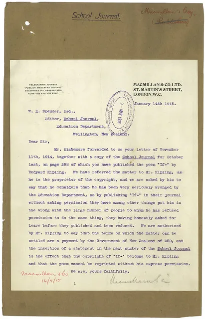 Letter regarding the publication of Rudyard Kipling's 'If' in New Zealand School Journal, 1914