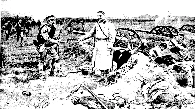 iom the Graphic. THE FORTUNE OF WAR: DEFEATED BUT NOT DISuRaCED AT SHAi_,O.  Half a battalion of Japanese infantry were advancing on a village, when they weie fir. < upon point blark by a buttery oi Ru-m.u! uu .>-. The Japanese advanced by iti-ti^ tin- giowml affoidn.g good covei especially as just in front oi the guns there was a small ravine. On went the Japanese, firing between Uhm rushes, until, when ♦ho fpirl charge came it was seen that all the horses at the battiM \ hncl been shot. The gun er= unable to get their guns away, had fought them to the last, when sunendcr became mevit..b'e. A Japanese «o dier. outstripping Ins comrades found ') m=' f none in front of the guns and the oPicei m command of the battery pie-enting hi^  revolver as a sign of enrionder. (Otago Witness, 31 May 1905)