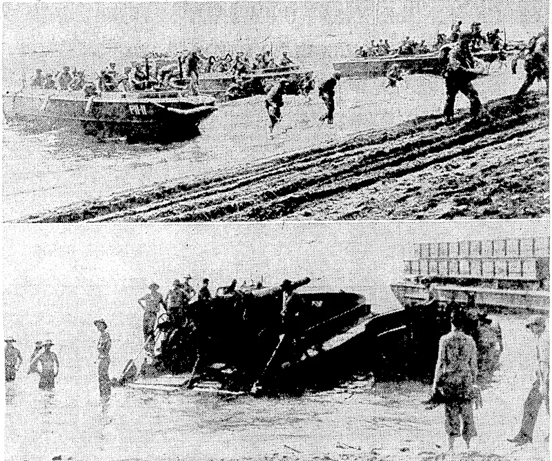 United States marines in the Solomon Islands during operations against tlie Japanese. Top, marines leaping ashore during an attack, and, beloiv, landing a heavy field gun. (Evening Post, 01 July 1943)