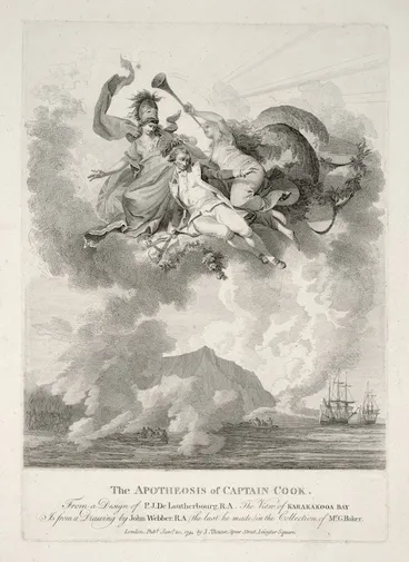 Image: Loutherbourg, Philippe Jacques de, 1740-1812 :The Apotheosis of Captain Cook from a design of P. J. de Loutherbourg, R. A. The view of Karakakooa Bay is from a drawing by John Webber R. A. (the last he made) in the collection of Mr G. Baker. London. Published January 20 1794 by J. Thane, Spur Street, Leicester Square