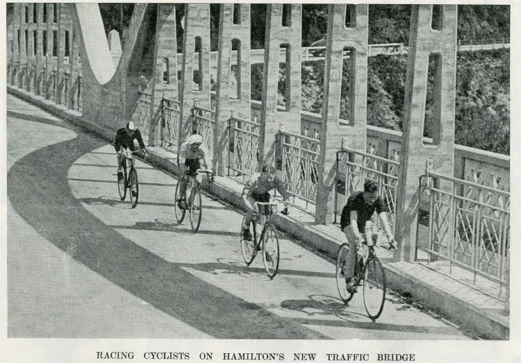 Racing cyclists on Hamilton's new traffic bridge