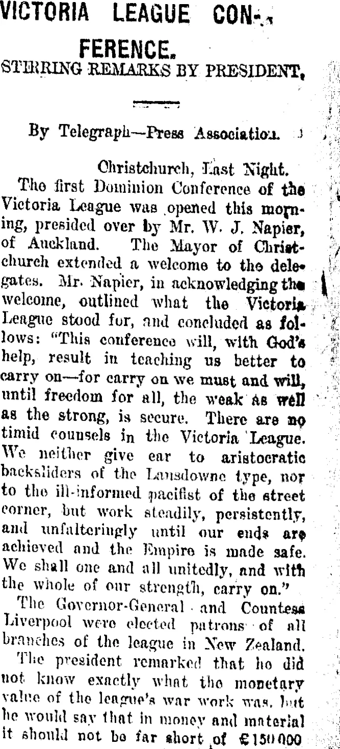 VICTORIA LEAGUE CONFERENCE. (Taranaki Daily News 15-3-1918)