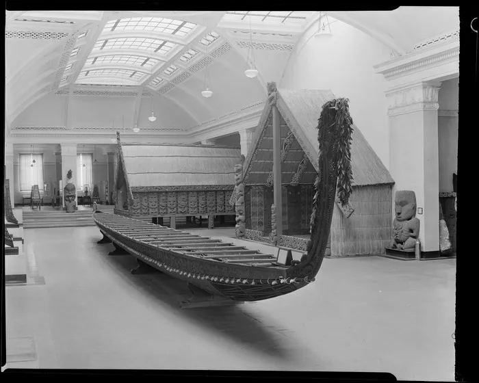 Māori waka and whare at the War Memorial Museum, Auckland