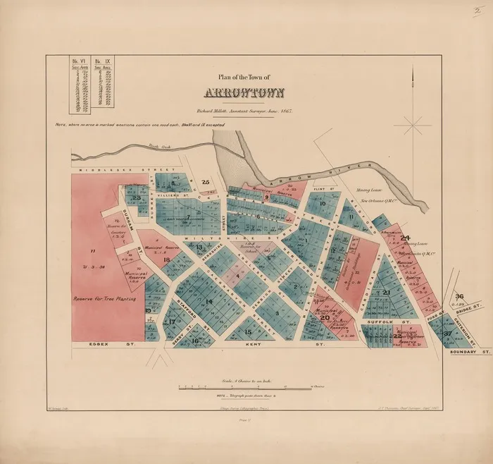 Plan of the Town of Arrowtown / Richard Millett, assistant surveyor, June 1867 ; W. Spreat, Lith ; J.T. Thomson, Chief Surveyor.