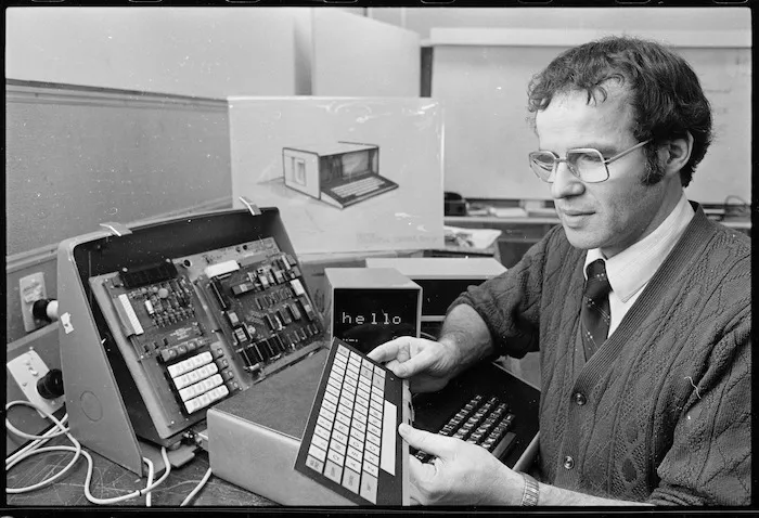 Neil Scott of Wellington Polytechnic with computer system under development - Photograph taken by John Nicholson