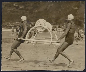 Image: Members of Lyall Bay Surf Life Saving Club competing in New Zealand Championships, Lyall Bay, Wellington