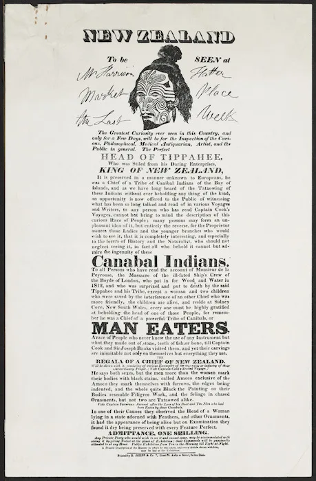 Artist unknown :Head of Tippahee to be seen at Mr Harrison, Hatter, Market Place, the last week ... King of New Zealand ... [London? ca 1820?]