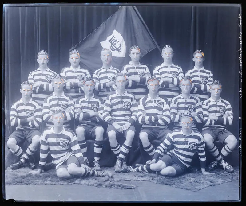 Glass Plate Negative: Christ's College, First Fifteen Rugby Team, 1917