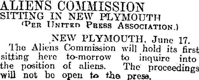 ALIENS COMMISSION (Otago Daily Times 18-6-1915)
