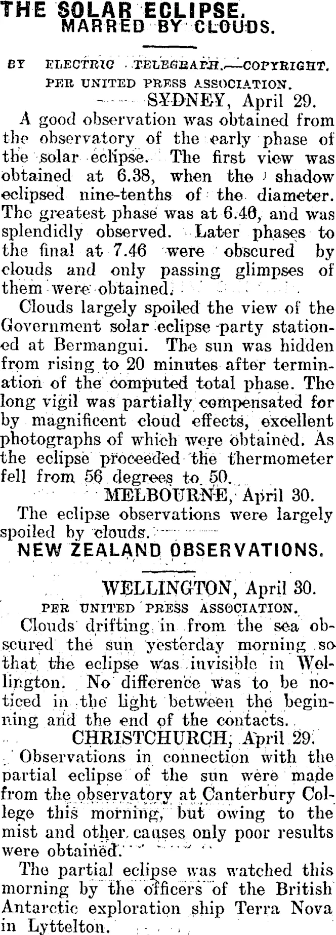 THE SOLAR ECLIPSE. (Mataura Ensign 1-5-1911)
