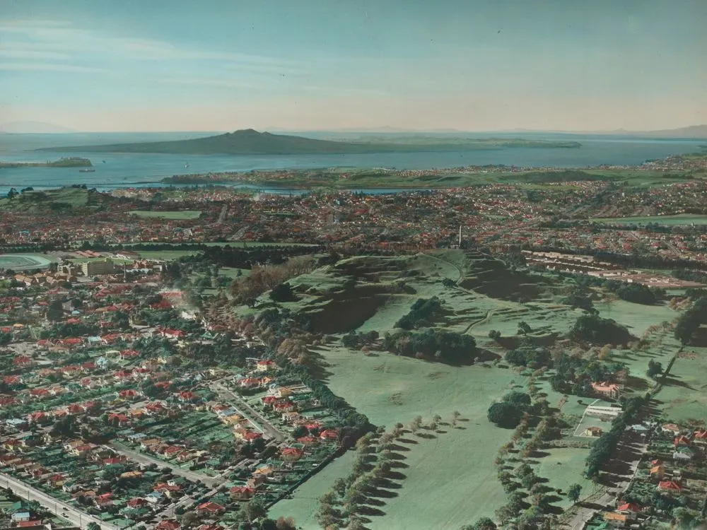 One Tree Hill, Auckland. From the album: Hand coloured views of New Zealand; 1940s-50s; Whites Aviation