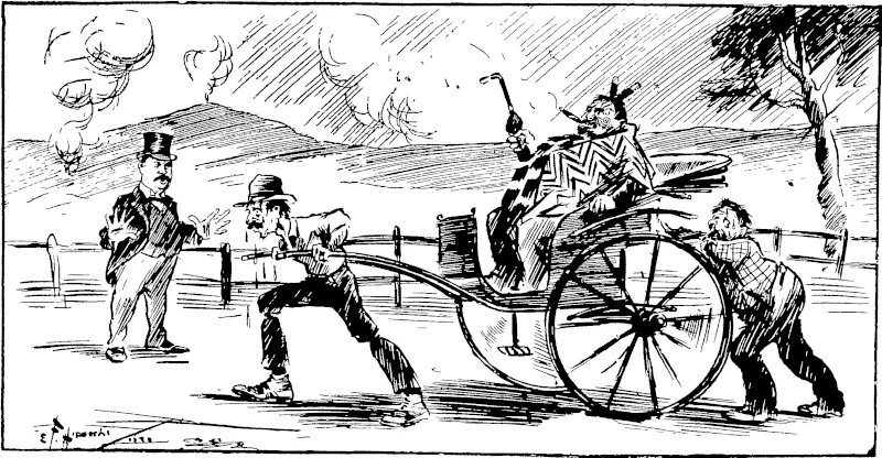KAPAI TE PAKEHA "  Mt. L. I>. Nathan, oj Auckland, ha? hout/ht some /mnkshaws nt Jaj>an. He intends sending them up to Kototua, in the belitf that Mao)is ian be got to haul the holiday Paheha about in them. Mr. L. D. Nathan evidently dnemt know the Maon ninth. Out aititt paints a much marc likely picture of the future of those Japanese /mnhshaw*.* (New Zealand Free Lance, 28 December 1901)
