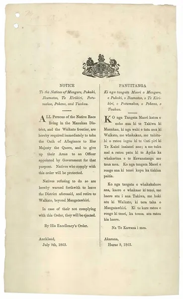 Proclamation requiring Māori to take an Oath of Allegiance, 9 July 1863 Image: Proclamation requiring Māori to take an Oath of Allegiance, 9 July 1863
