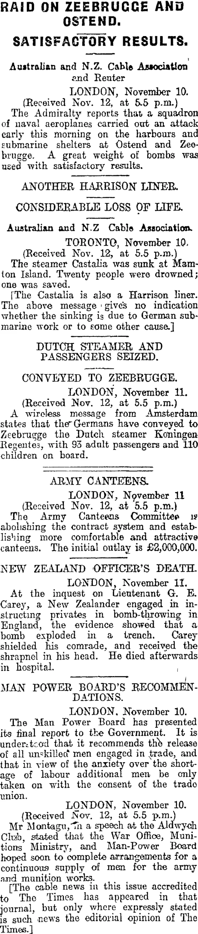 RAID OK ZEEBRUGGE AND OSTEND. (Otago Daily Times 13-11-1916)