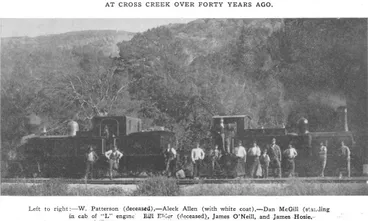 Image: At Cross Creek over Forty Years Ago. — Left to right:—W. Patterson (deceased),—Aleck Allen (with white coat),—Dan McGill (standing in cab of “L” engine Bill Elder (deceased), James O'Neill, and James Hosie