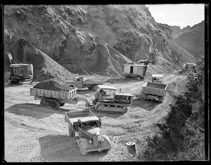 Excavators, bulldozers and trucks assembled at Ngauranga Gorge