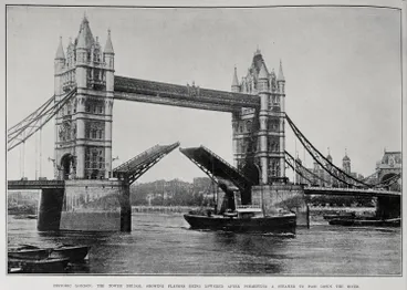 Image: HISTORIC LONDON: THE TOWER BRIDGE, SHOWING FLANGES BEING LOWERED AFTER PERMITTING A STEAMER TO PASS DOWN THE RIVER
