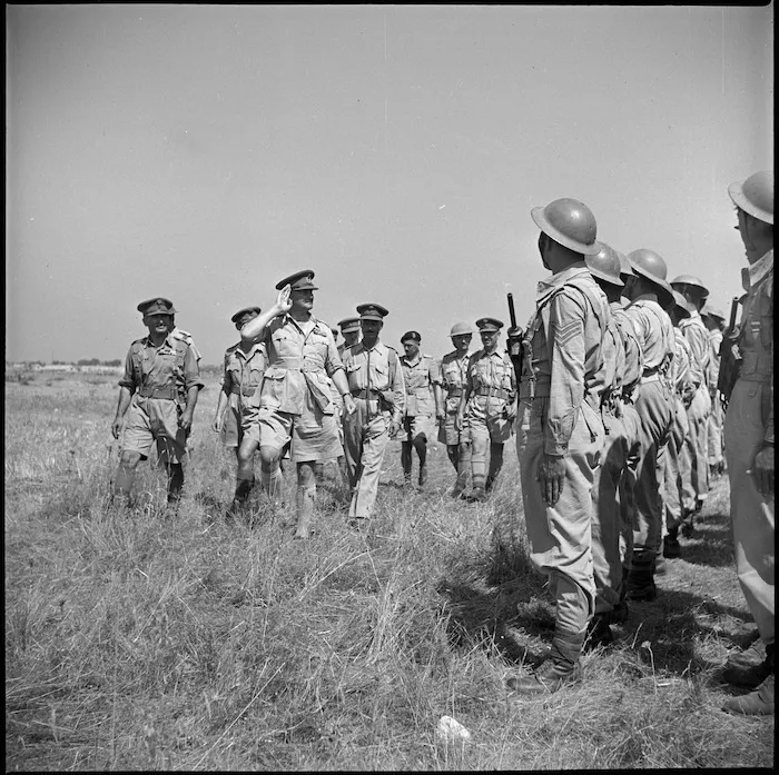 General Bernard Freyberg inspects the 3rd Greek Brigade at Taranto, Italy