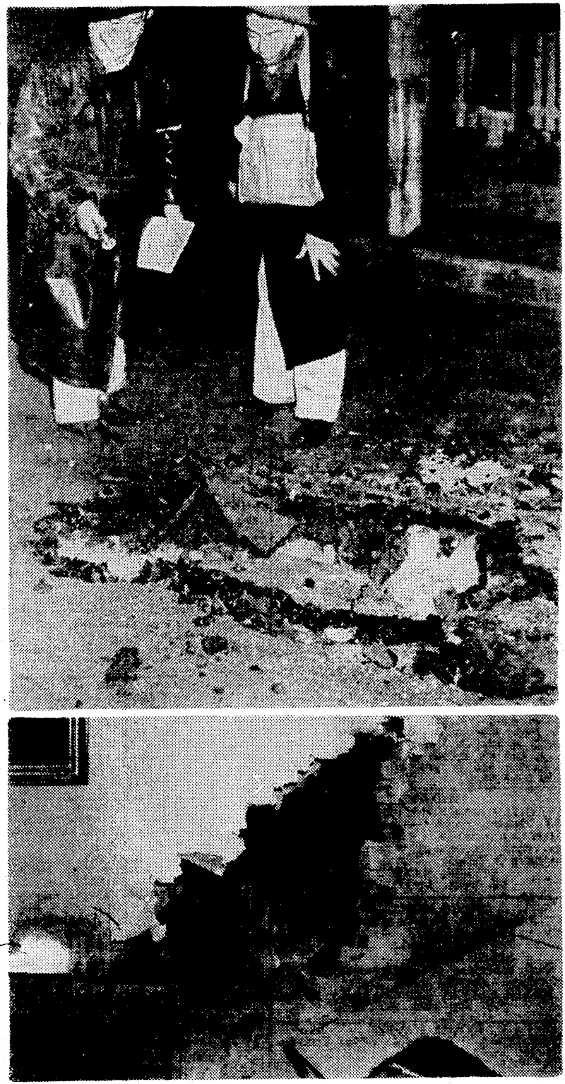 Sydney bombarded from the sea. Top, A.R.P. ivardens examining a hole in the road made by a shell ivhich landed in an eastern suburb. Below, a Japanese shell, which failed to explode, penetrated the wall of a top-floor flat in the same suburb. (Evening Post, 13 June 1942)