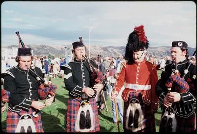 [Pipe band, Beaumont autumn race-meeting, Wingatui racecourse, Mosgiel, Dunedin]
